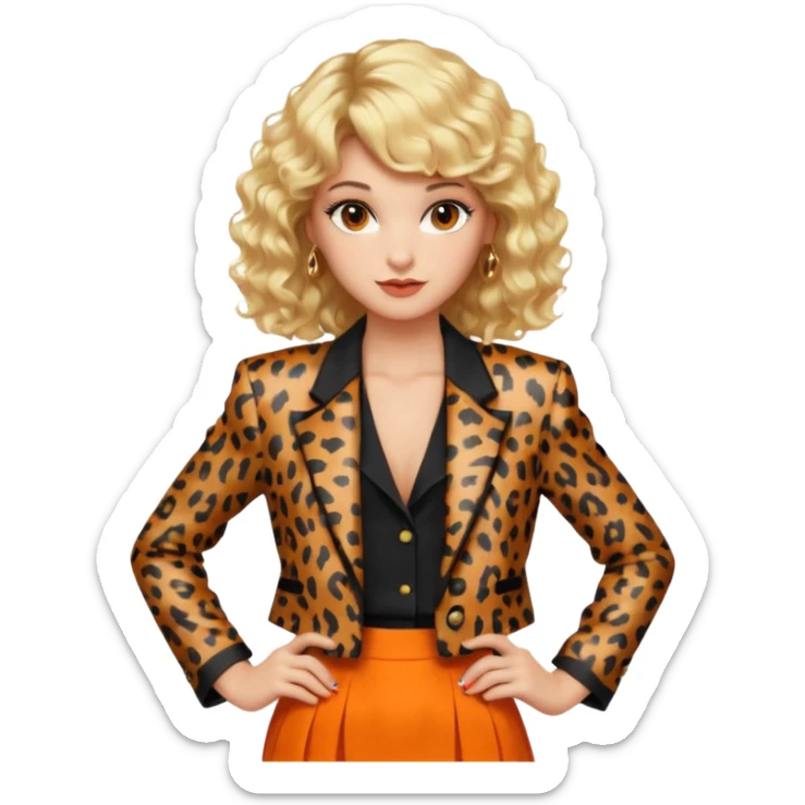 Blonde woman with an 80s-style hairstyle, with curls and bangs, animal print blazer, black top and orange skirt, all very 80s style, brown eyes, 80s makeup sticker