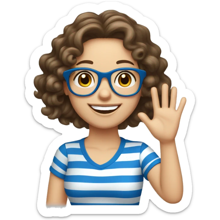 caucasian, curly brunette girl, in blue and white striped shirt and blue glasses, waving and smiling sticker