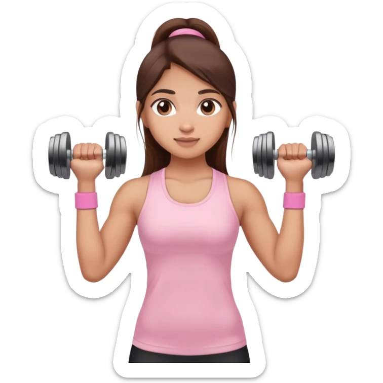 a north-east indian girl with long brown hair wearing a soft pink gym top lifting dumbbells with her hands sticker