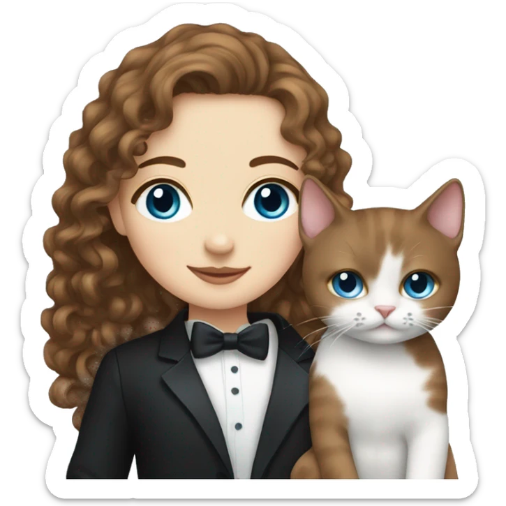 A white girl with brown curly hair and blue eyes holding her tuxedo cat sticker
