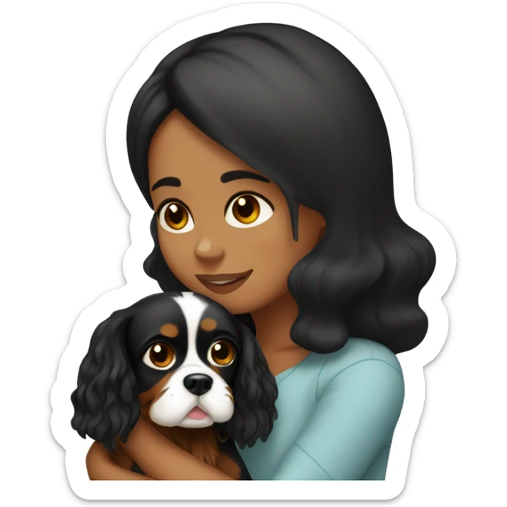 girl with black hair hugging two black and brown cavalier king charles spaniel  sticker