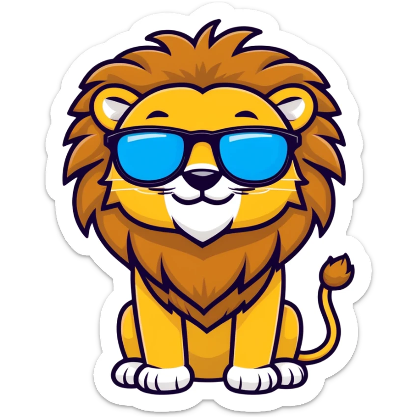 playful lion emoji with big friendly grin, golden brown mane, trendy sunglasses with shiny lenses, cartoon-like charming face, minimal background sticker