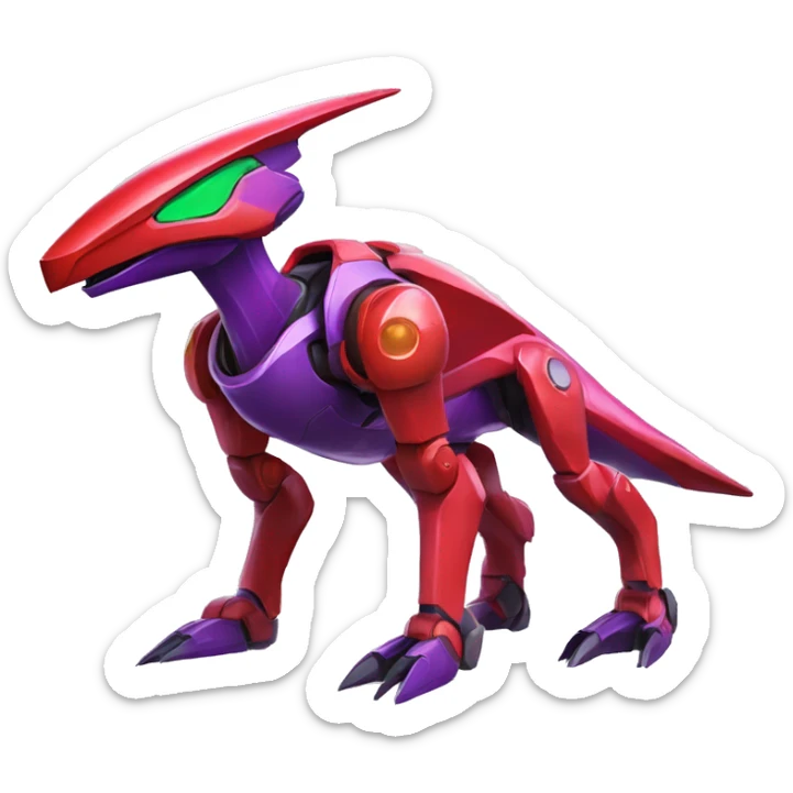 a shiny purple-green-red Genesect-Raptor-Fakémon—hybrid with a futuristic visor-helmet full body sticker