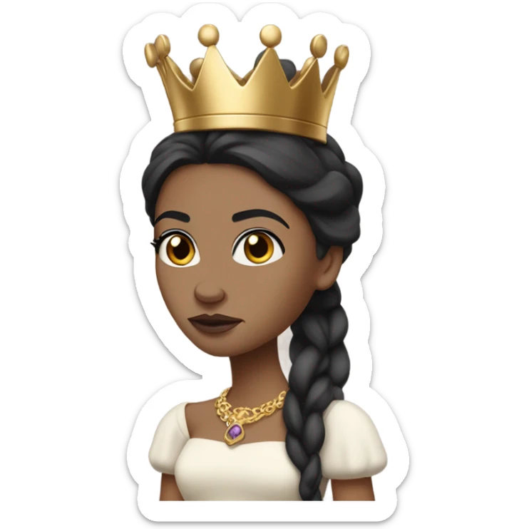 Queen with light skin, long black hair,  mauve lips, skinny gold crown, white dress, and blank stare. sticker