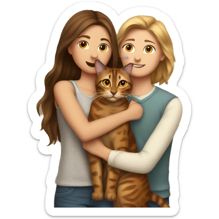 A man hugs a long brown-haired skinny hot woman and a bengal cat sticker