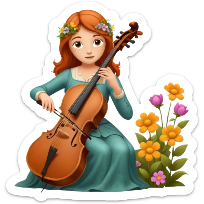 nature bard woman with freckles playing wooden cello among flowers sticker