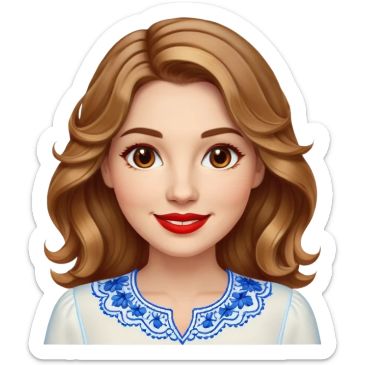 Friendly woman in her late 30s with luminous fair skin, round face, wide smile, large light brown eyes, vibrant red lips, shoulder-length dark blonde wavy hair with highlights, wearing white blouse with blue embroidery and electric blue neckline sticker