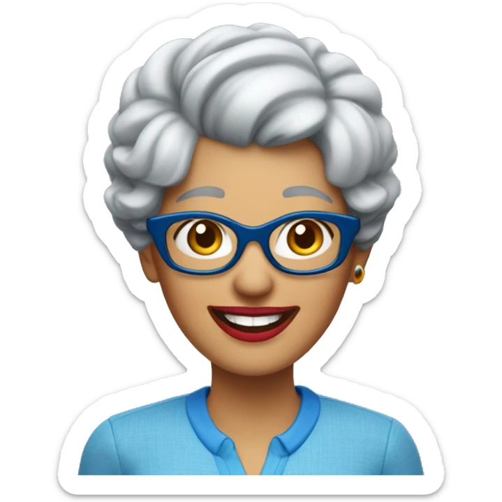A laughing gray-haired woman in a blue scoop-necked shirt with blue glasses perched on her head. Her lipstick is red sticker