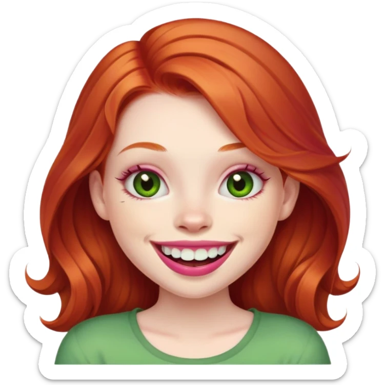 Young girl with pale skin, full pink lips smiling with big teeth, ginger red hair (not pink), big brown eyes with a hint of green, big mouth sticker