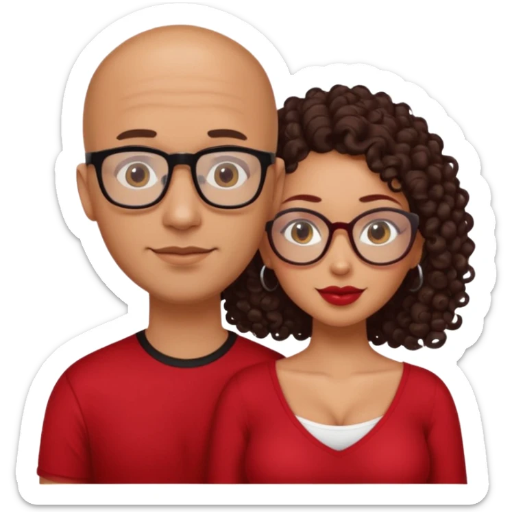 A picture of a sexy tanned couple. the guy is Mexican, with a bald hair cut and a red shirt. the girl is mixed, she has curly longer dark brown hair, the girl has glasses only, and with big boobs and black shirt  sticker
