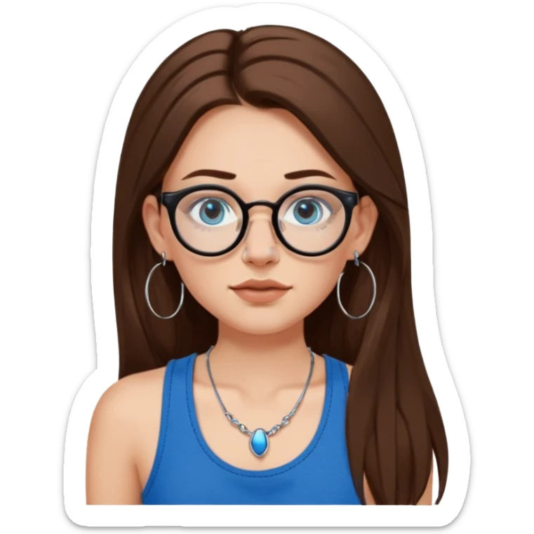 White girl with long brown hair, part going more to the RIGHT side, BLUE eyes, wearing BLACK plastic frame glasses. SEPTUM nose piercing hoop (at bottom of nose) AND stud nose piercing on right side of nose. Wearing BLACK tank top. Wearing big hoop earrings. No necklace! sticker