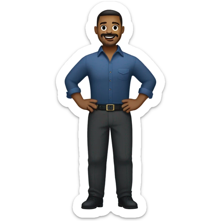  emoji of a man with short dark hair, clean-shaven, goatee and mustache.  wearing a formal button-up dark blue shirt, black pants, and a belt. smiling  with a smartwatch on his wrist. The style should be lighthearted and resemble professional attire sticker