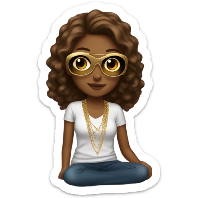 Teen girl sitting on couch with brown hair sunglasses and gold necklace  sticker