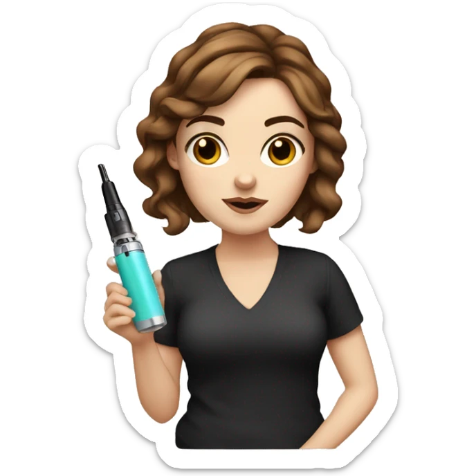 White girl with short brown hair and black eyes holding a vape sticker
