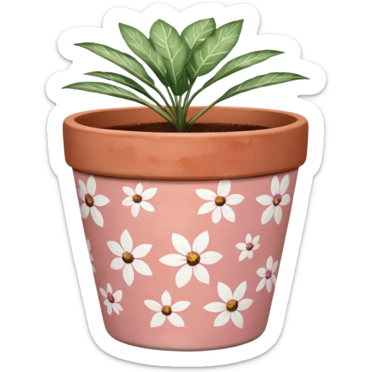 plant pot in terra cota with white and pink flowers print painted on the pot  sticker