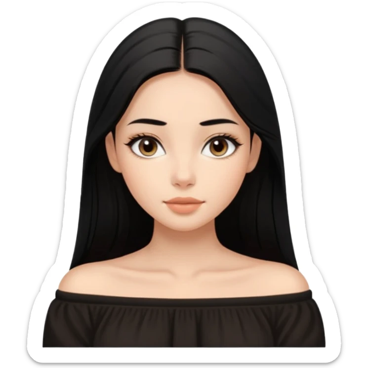 A realistic 3D avatar of a young woman with a soft oval face, slim cheeks, natural almond eyes, long straight black hair, minimal makeup, wearing a black off-shoulder top, elegant and aesthetic, tanned skintone. sticker