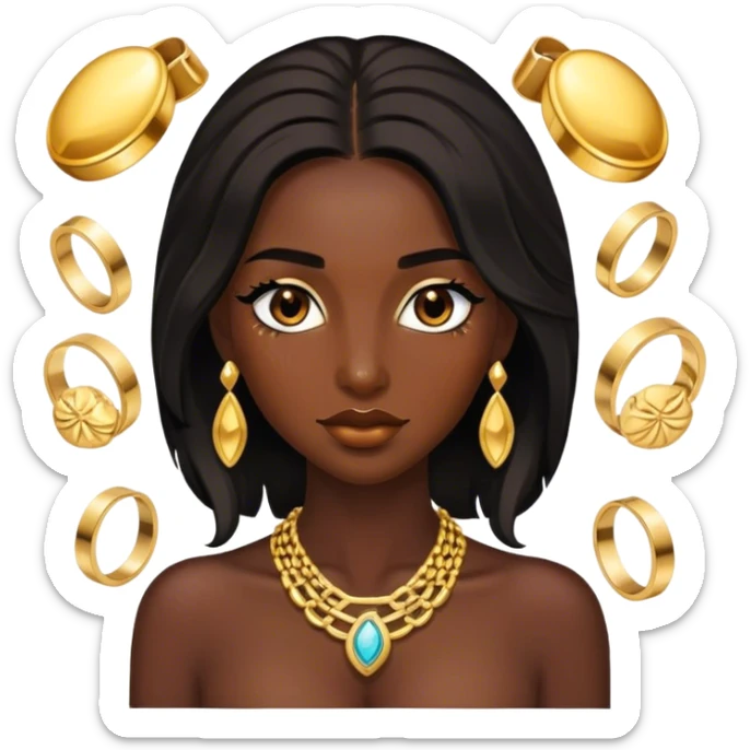 Chocolate skin women with black shoulder length locks, eyelashes and a lot of gold jewellery  sticker