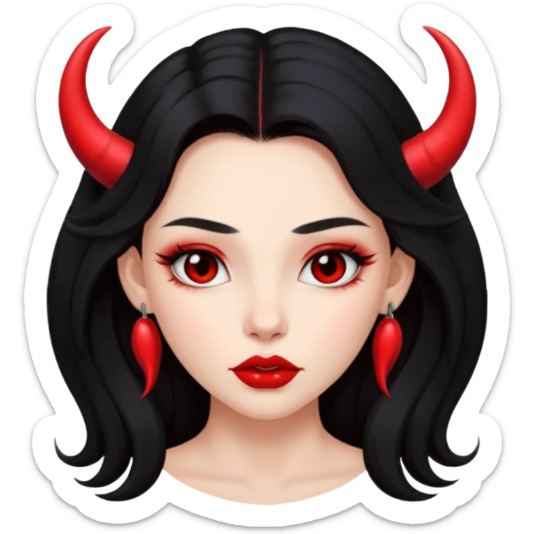 A skin red girl's face with cheekbones, long black hair, small red horns, big lips sticker