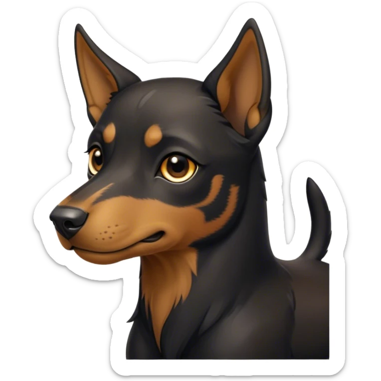 Cinematic Noble Black and Tan Kelpie Portrait Emoji, Poised and regal, with a strong, agile build and a glossy, well-groomed Fur of deep black and tan accents, piercing dark eyes, Simplified yet sharp and sophisticated features, highly detailed, glowing with a soft, dignified glow, high shine, intelligent and energetic, stylized with an air of determination, focused and attentive, soft glowing outline, capturing the essence of a watchful and confident herder, so majestic it feels as though it could bound out of the screen with effortless authority! sticker