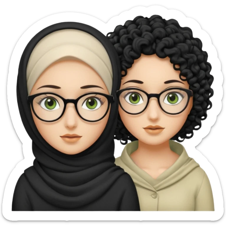 White hijabi girl with black eyes and black long hair white girl and black eyes wearing glasses and a white skin girl with curly honey hair and green eyes sticker
