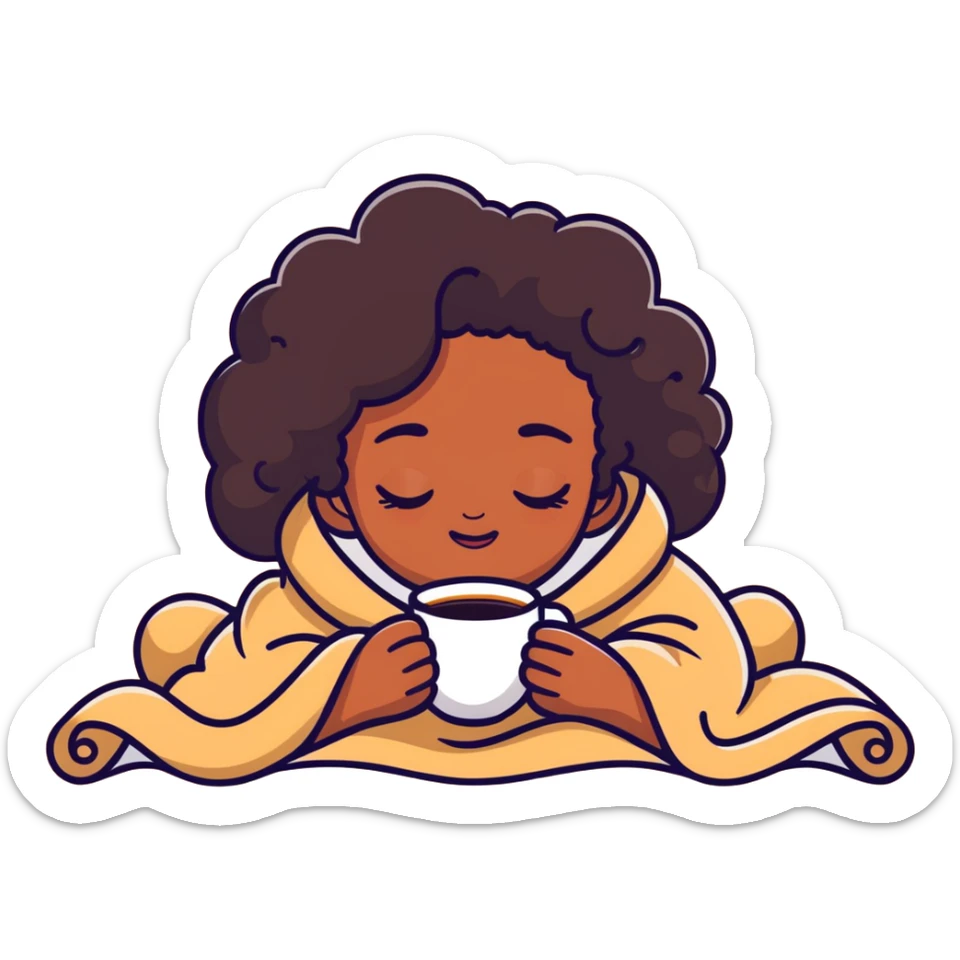  Black girl with curly brunette hair inside a blanket sipping coffee with eyes closed, cozy winter morning sticker