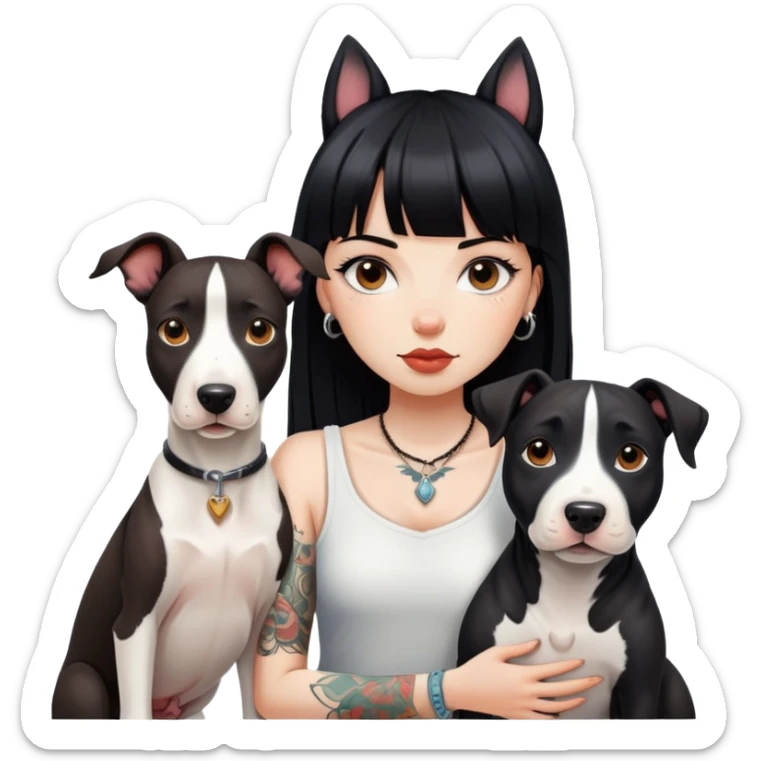 girl with long black  straight bangs hair with tattoo and a Springer dog  and  bull a terrifying dog sticker