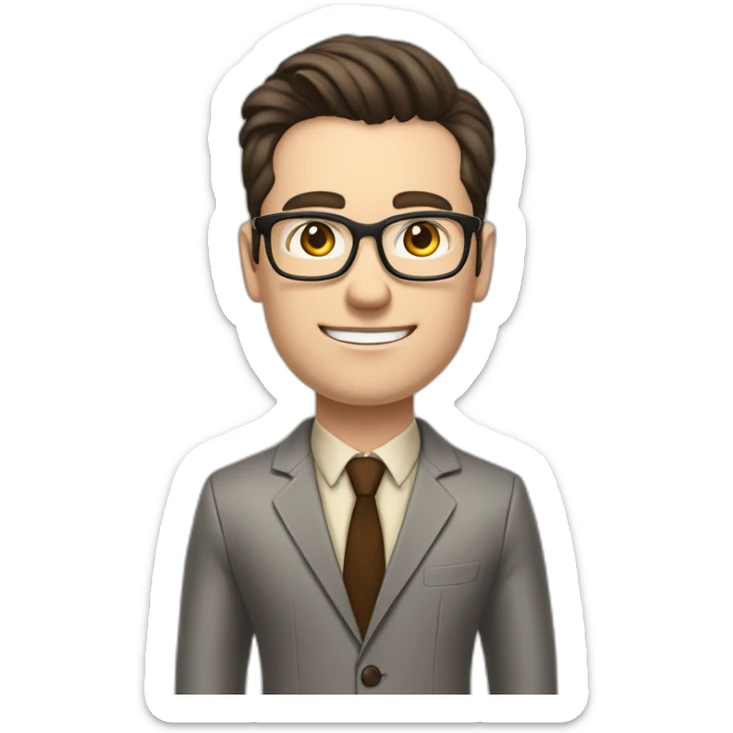 Pale skinned fit man with dark brown hair in gray jacket, beige office shirt, brown tie, brown pants and vintage glasses Writing text on a flipchart sticker