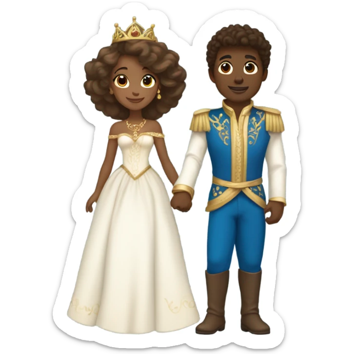 A princess with tan skin, brown hair and a long white dress with jewelry dancing with a prince that is dark skin and curly brown hair with a blue and gold outfit  sticker