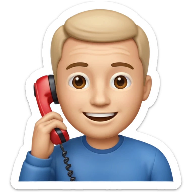 3D emoji style man talking on phone, holding a smartphone to his ear, smiling, rounded face, soft shading, glossy texture, Apple iOS emoji style, clean white background, centered, high detail, sticker style
 sticker