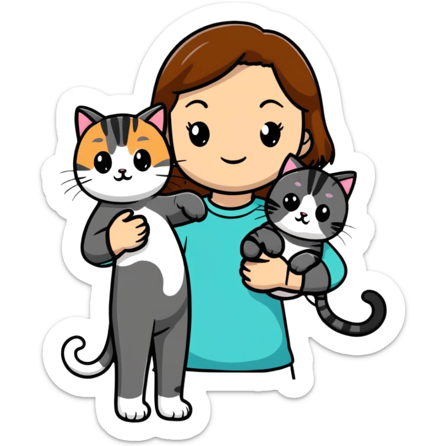 tan brown hair girl holding two black and grey striped cats sticker