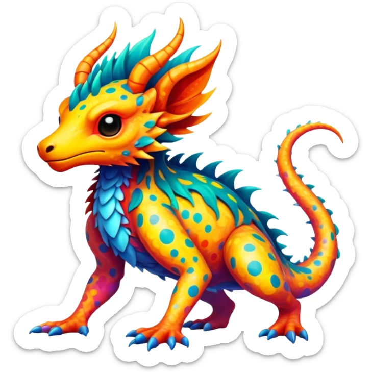 a vibrant colorful edgy vernid-fionbri-creature with splash patterns full body sticker