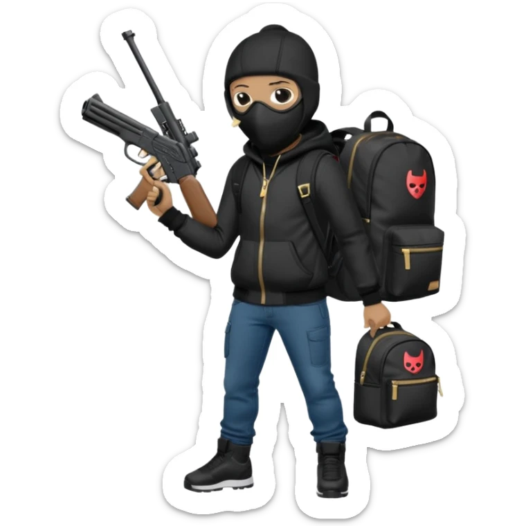 YN wearing a ski mask, holding a gun, black jeans, Sprayground bookbag, confident stance sticker