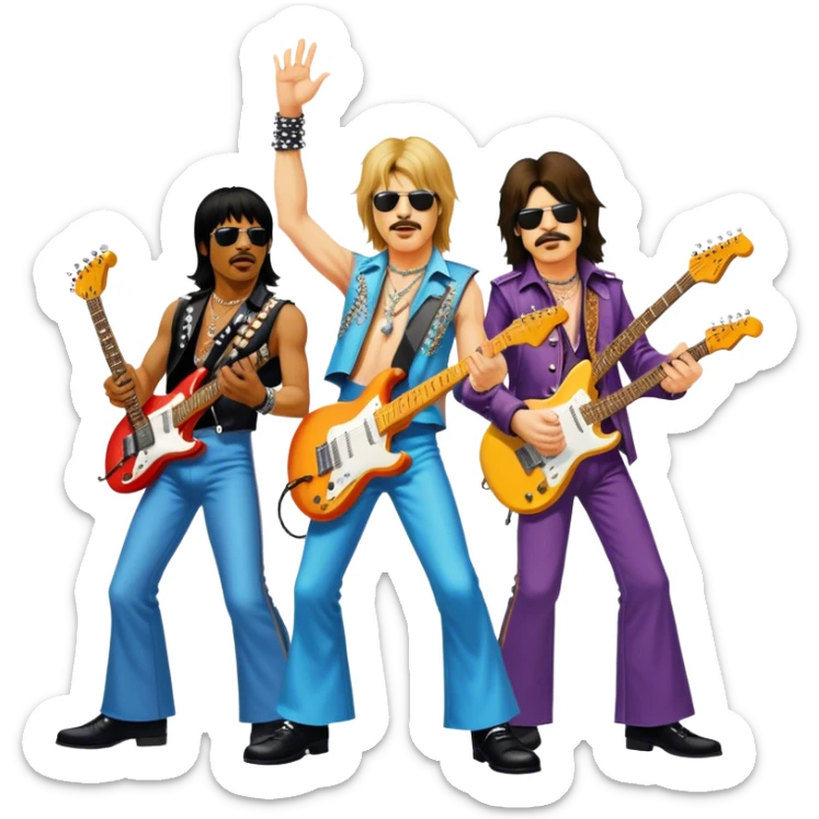 Icon for Rock Music: collage of iconic rock musicians—Klaus Meine, Jimi Hendrix, Kurt Cobain, Freddie Mercury, and Ozzy Osbourne—playing electric guitars and singing on stage. Capturing the powerful energy and rebellious spirit of rock. Transparent background. sticker
