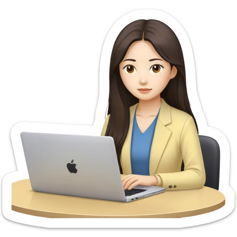Long hair asian woman working on pale yellow laptop with brown eyes in meeting  sticker