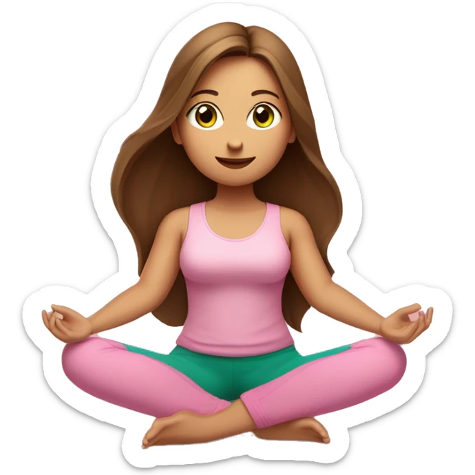 A girl with brown long hair, fair skin and green eyes is meditating in a relaxed lotus position in a comfortable pink top and pink leggings sticker