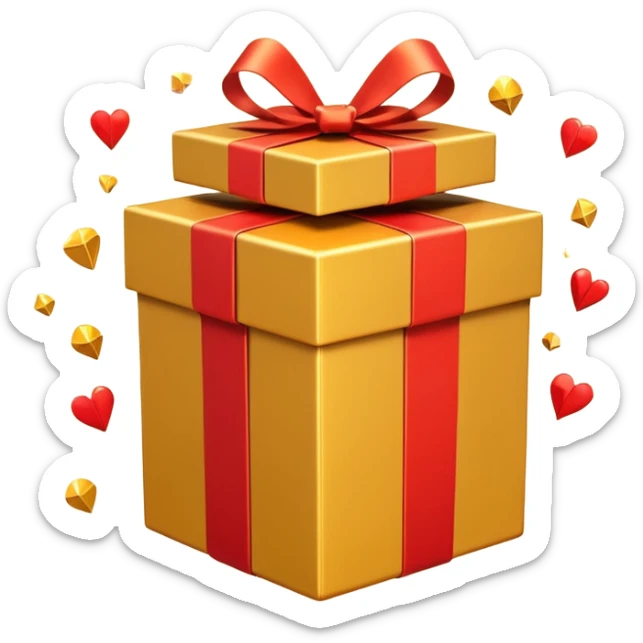 3D emoji style illustration of a big golden gift box with a shiny orange ribbon, a red off-road SUV car jumping out of the box, bright glowing orange background, small playing cards and sparkles flying around, no text, high resolution, square image sticker