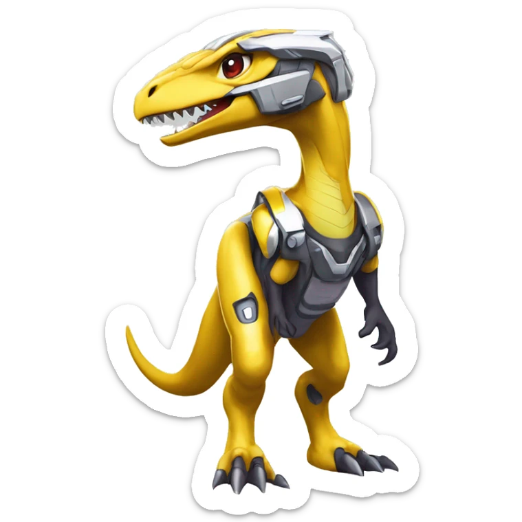 Shiny Velociraptor-Genesect-Fakémon-Pokémon wearing a with a futuristic helmet Full Body sticker