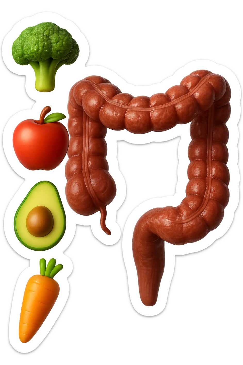 emoji stile iphone in 3d di cibo sano che fluttua in aria vericalmente insieme a pezzi di colon umano anatomico, iperrealistico 4k sticker