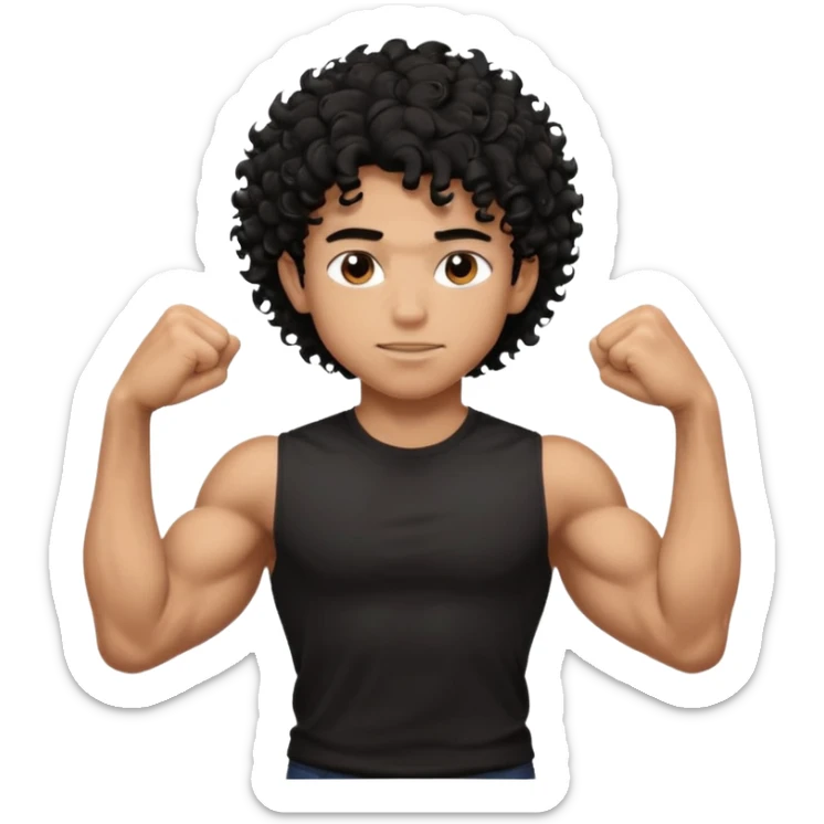 muscular teen boy with veiny hands arms and biceps. has messy black curly hair with dark-tan skintone with black tshirt sticker