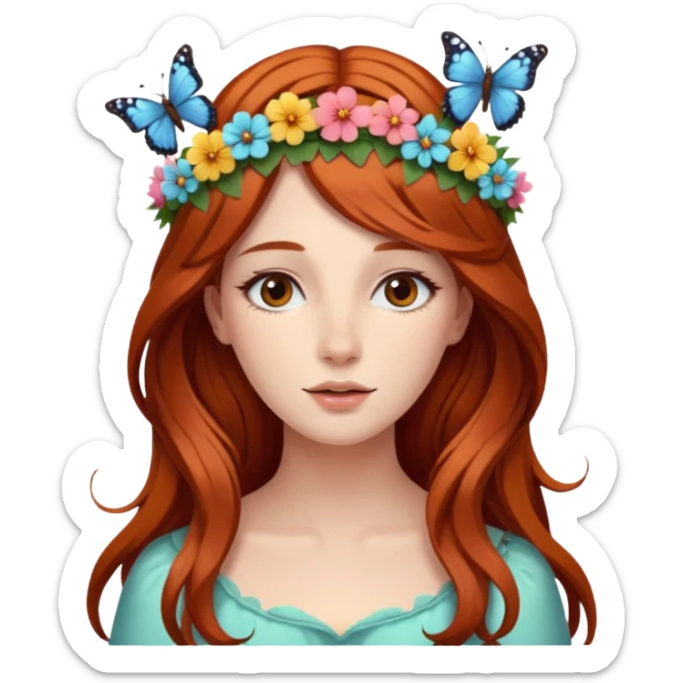 Woman with long flowing auburn hair wearing a flower crown with butterflies in it sticker