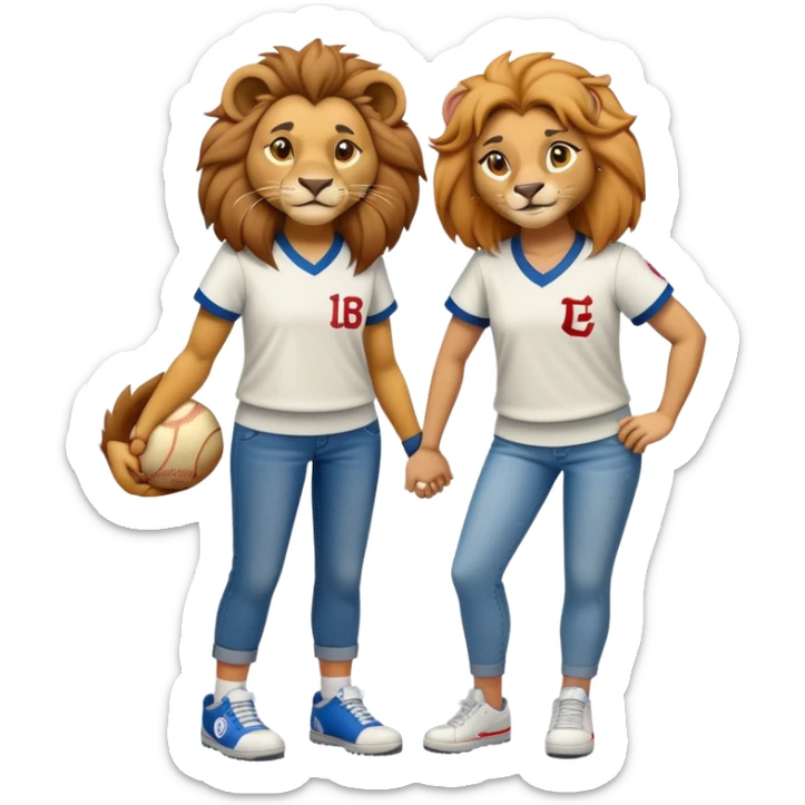 confident anthropomorphised female lion wearing a baseball shirt, jeans, and trainers, showing comfort and support to another character sticker