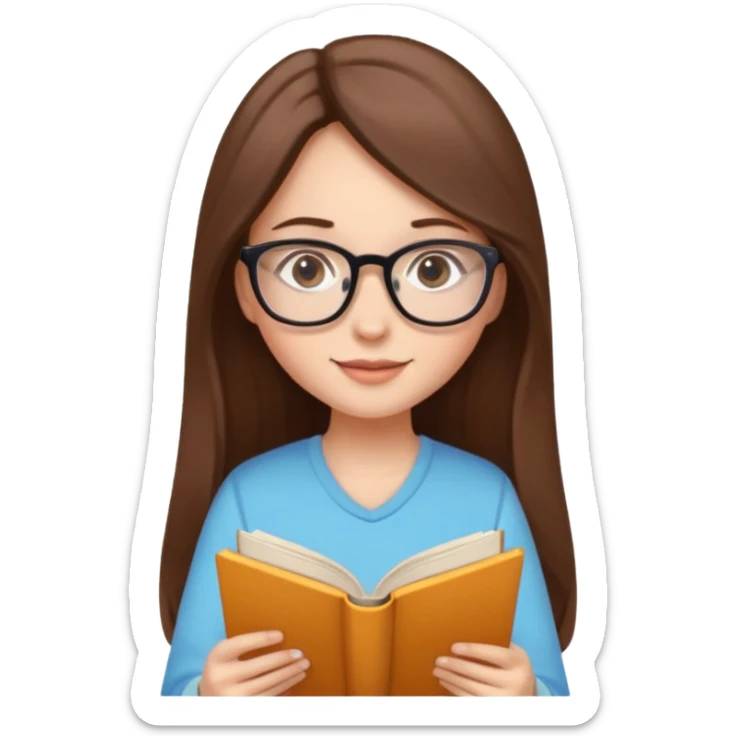 clean beautiful girl long brown hair, wear glasses, reading a book sticker
