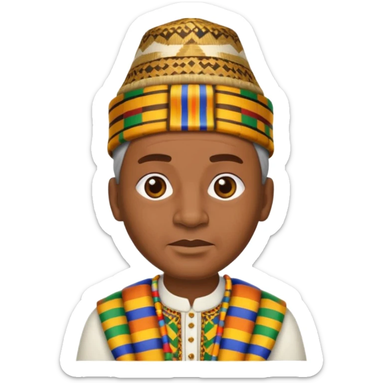 Create an emoji of an old African king wearing kente cloth and white shirt with an african kufi hat sticker