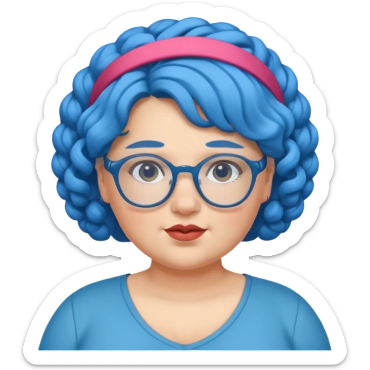 curly fat woman with blue hair and glassess and headband sticker