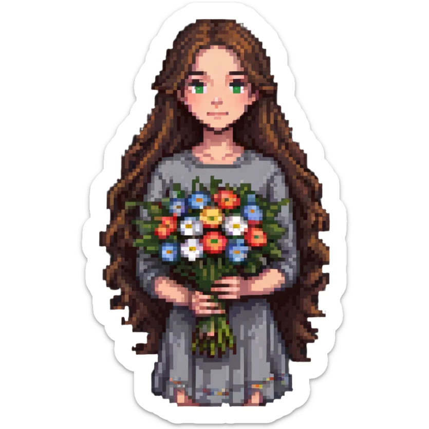 Cool girl with long brown hair holding a bouquet of flowers sticker