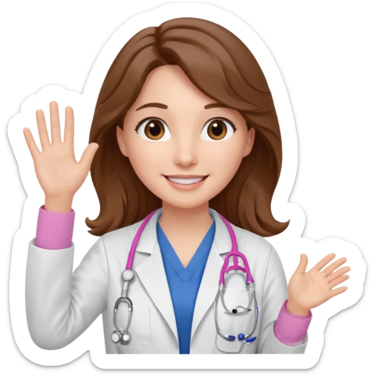 Barbie like emoji of a white woman with brown eyes and long wavy brown hair wearing blue scrubs, white lab coat, pink stethoscope, and raising one hand and a warm smile sticker