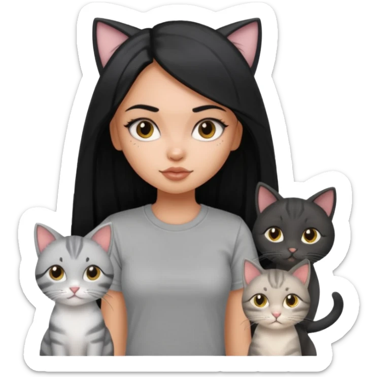 a pretty bratz dusky girl with long straight hair with four cats nd wearing a grey tshirt sticker