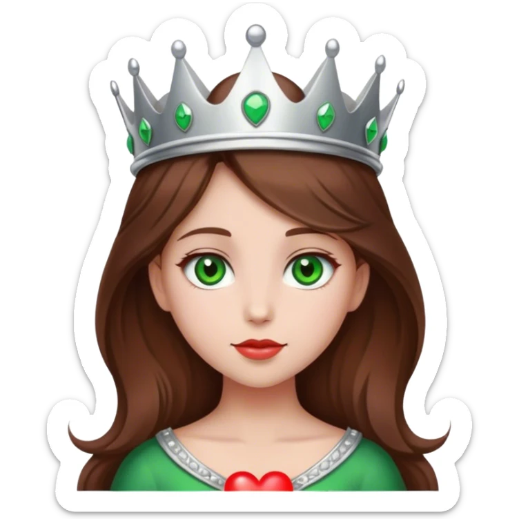 heart Girl with brown hair, green eyes, silver crown and red heart sticker