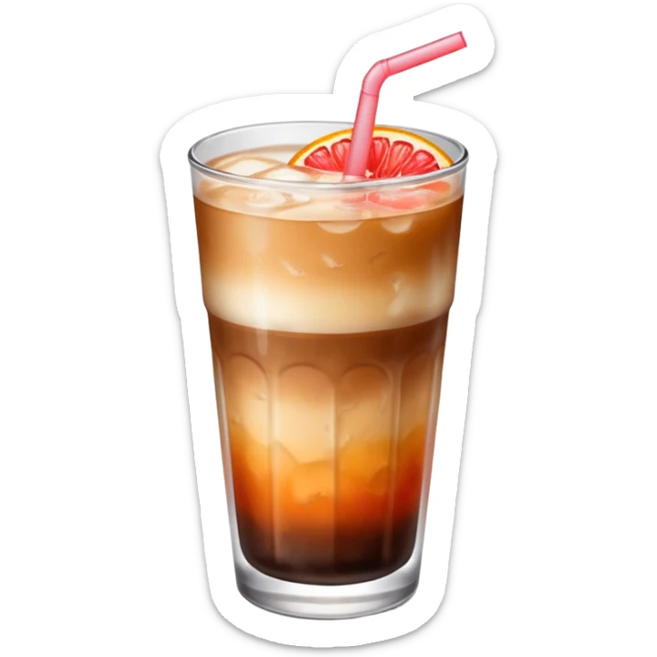Emoji of a Short glass of coffee with gradients, grapefruit colour at the bottom, to coffee on top. Ice coffee. With orange skin on the edge of the glass sticker