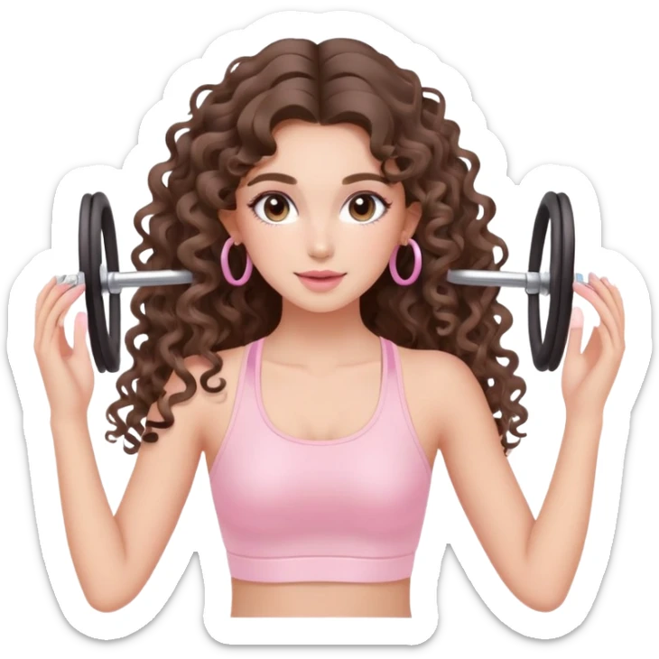 cute balayage brunette long hair curly/wavy haired girl, hoop earrings, clean girl makeup DOING pilates EXERCISE with a cute pastel pink set sticker